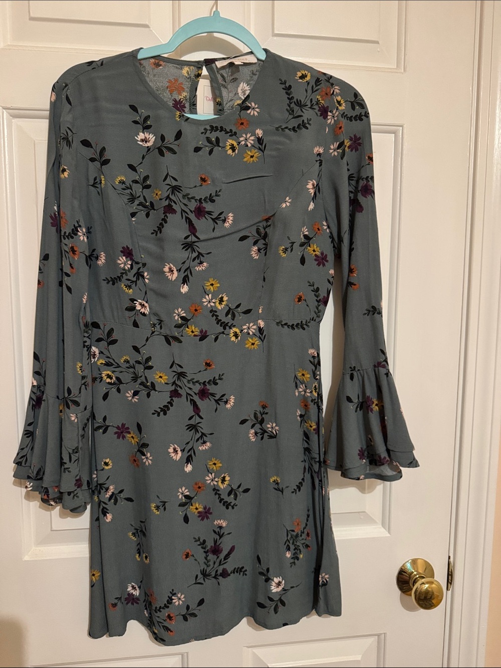 Olivaceous Slate Green Floral Ruffle-Sleeve Long-Sleeve Dress